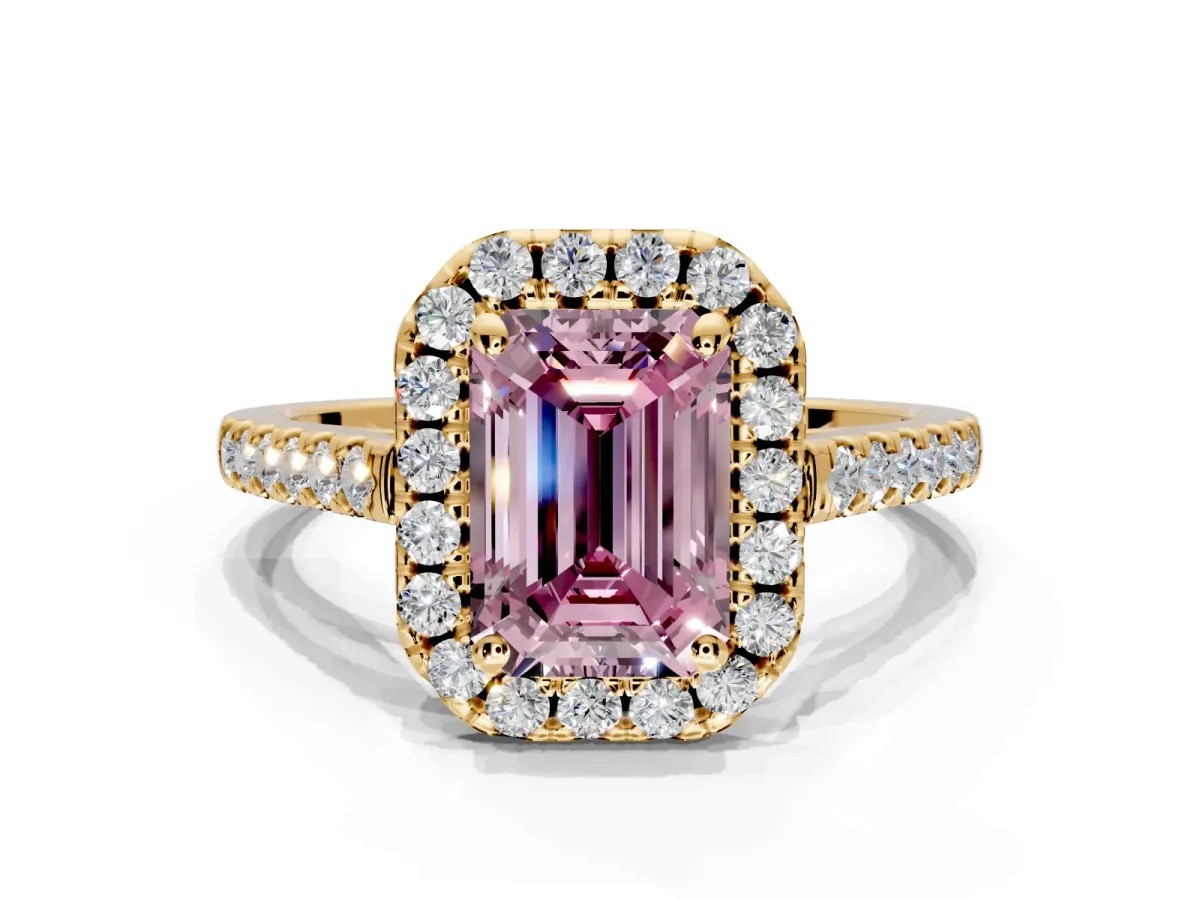 Halo Engagement Ring Setting for Fancy Pink Emerald Cut Center with Raised Halo, Pave Band and Prong Head in Yellow Gold
