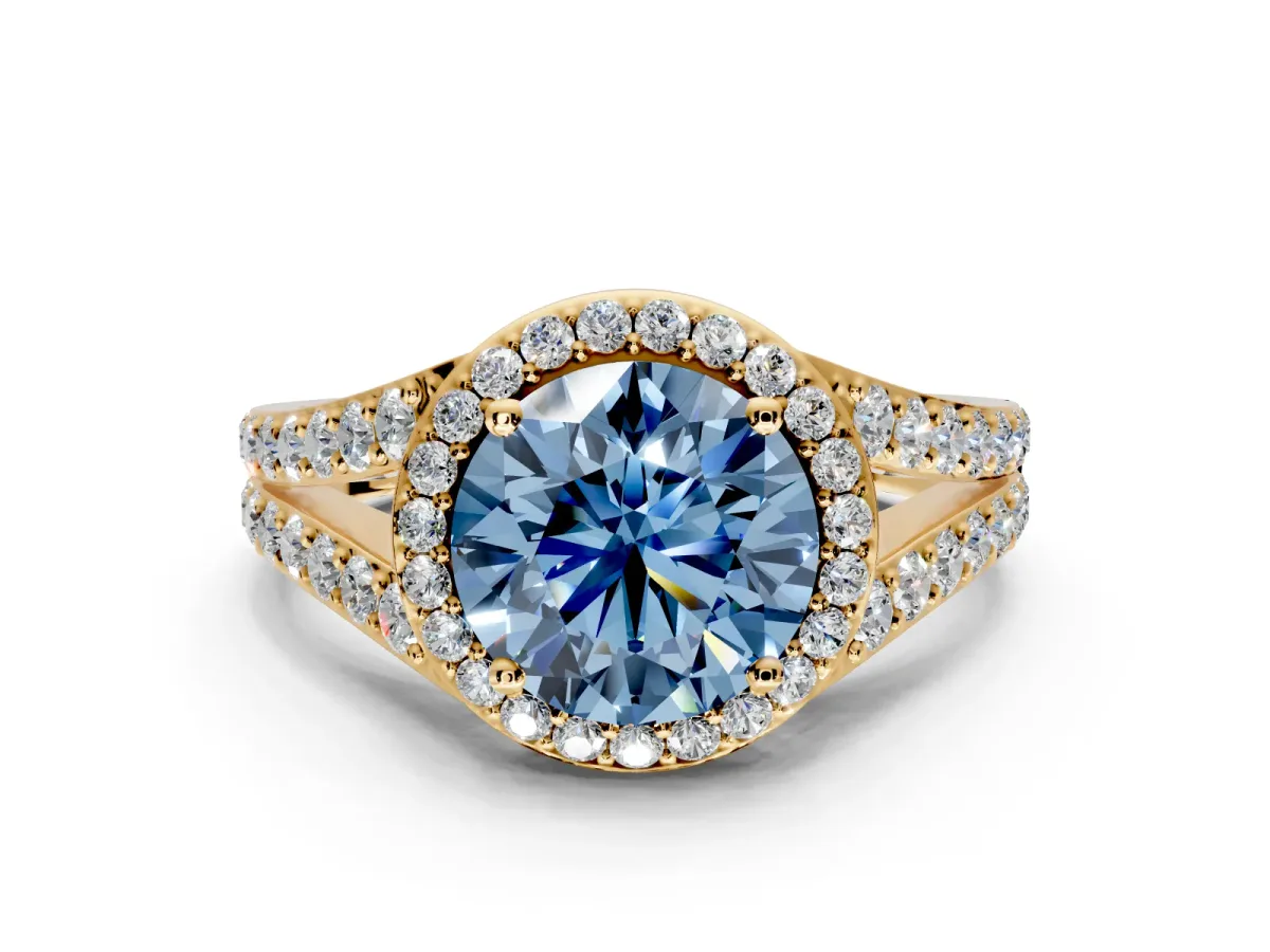 Halo Engagement Ring Setting for Fancy Blue Round Cut Center with Narrow Pave Split Shank and Prong Head in Yellow Gold