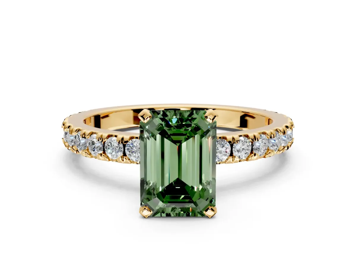 Solitaire Engagement Ring Setting for Fancy Green Emerald Cut Center with Fine Pave Band and Claw Prong Head in Yellow Gold