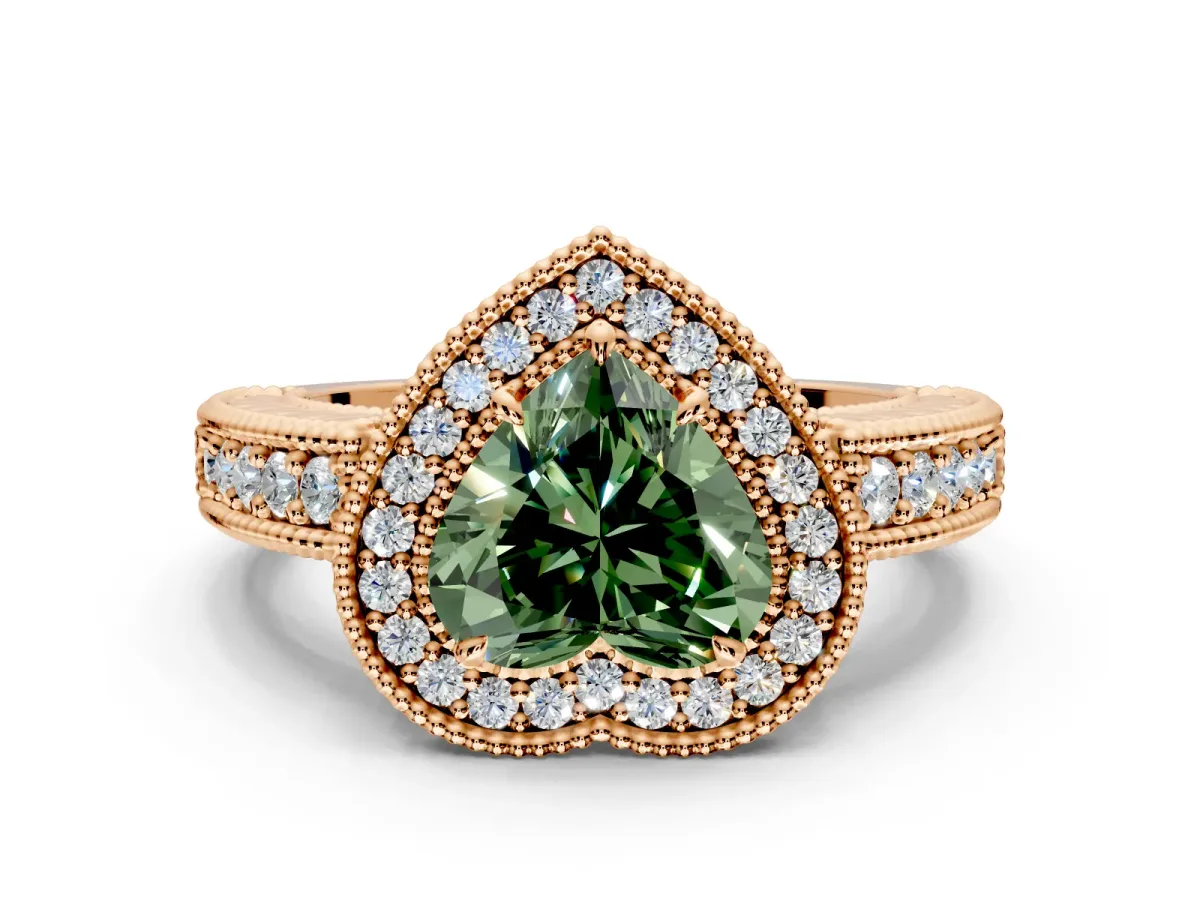 Milgrain Halo Engagement Ring Setting for Fancy Green Heart-Shaped Center with Pave Band and Prong Head in Rose Gold