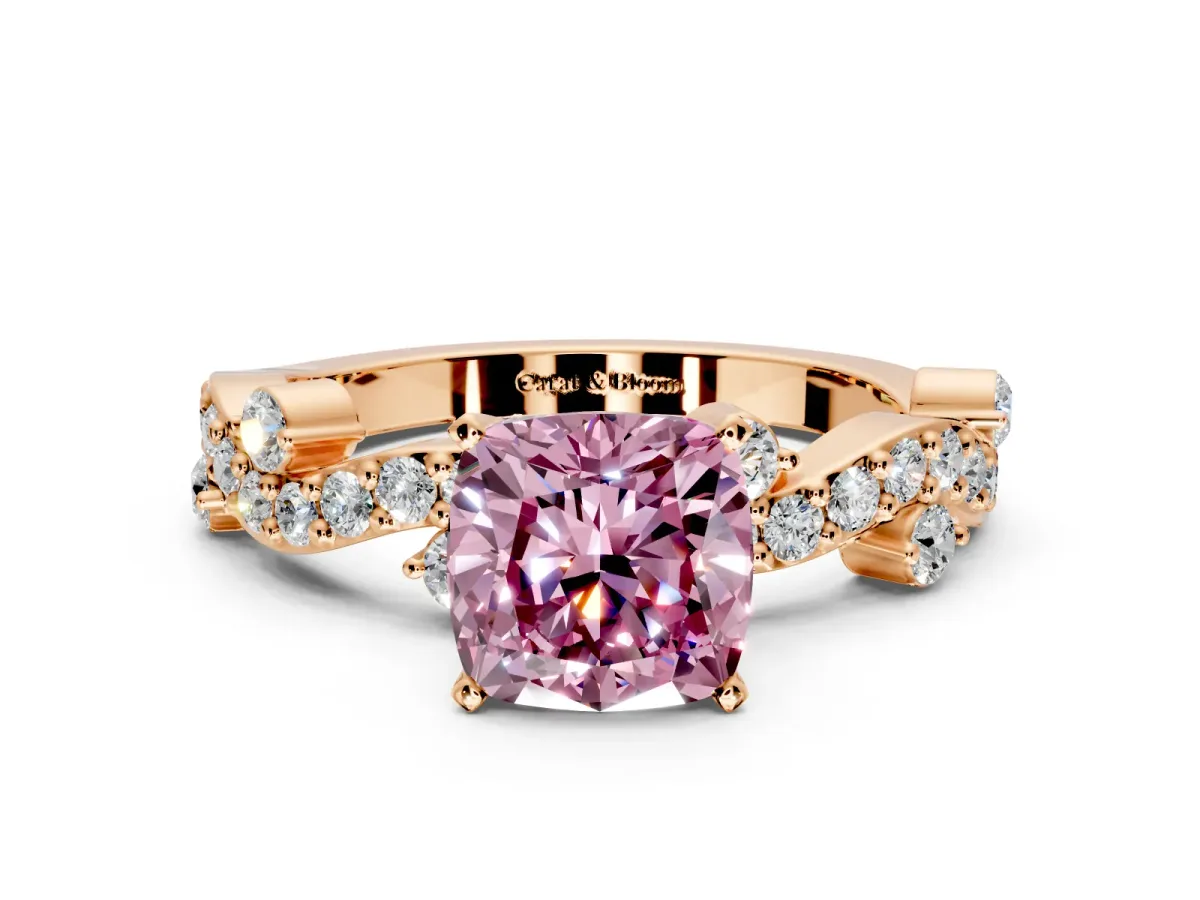 Solitaire Engagement Ring Setting for Fancy Pink Cushion Cut Center with Bar-Station Pave Twist and Prong Head in Rose Gold