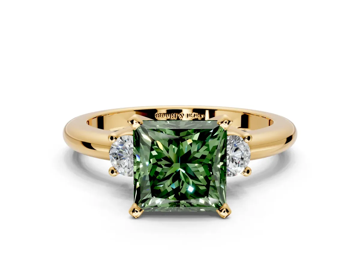 3 Stone Engagement Ring Setting for Fancy Green Princess Cut Center with Wide Plain Band and Prong Head in Yellow Gold