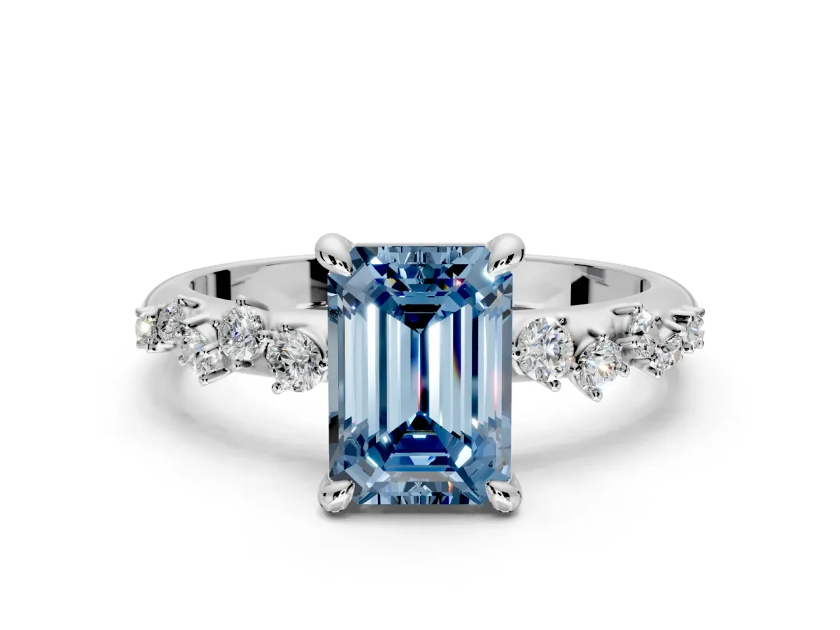 Solitaire Engagement Ring Setting for Fancy Blue Emerald Cut Center with Trailing Leaf Accent Band and Prong Head in Platinum