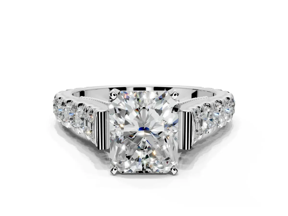 Solitaire Engagement Ring Setting for Radiant Cut Center with Pave Cathedral Shoulders and Prong Head in Platinum