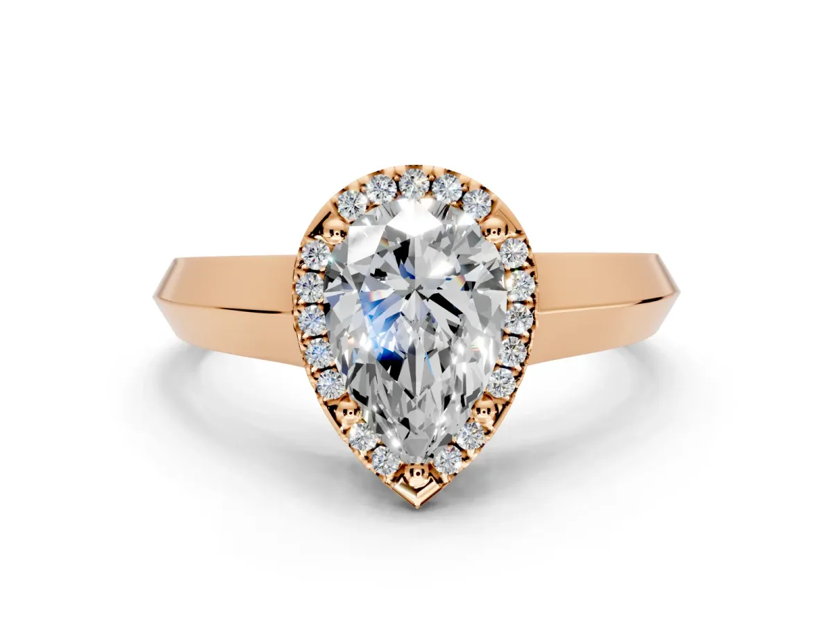 Halo Engagement Ring Setting for Pear-Shaped Center with Knife Ridge Cathedral Band and Prong Head in Rose Gold