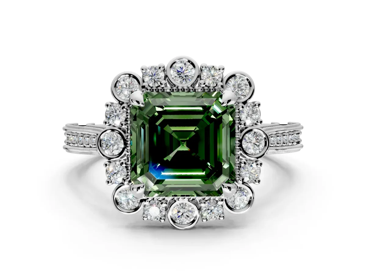 Milgrain Halo Engagement Ring Setting for Fancy Green Asscher Cut Center with Bezel Point Accents and Prong Head in Platinum