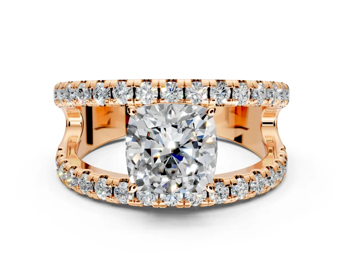 Solitaire Engagement Ring Setting for Cushion Cut Center with Wide-Open Split Shank and Prong Head in Rose Gold