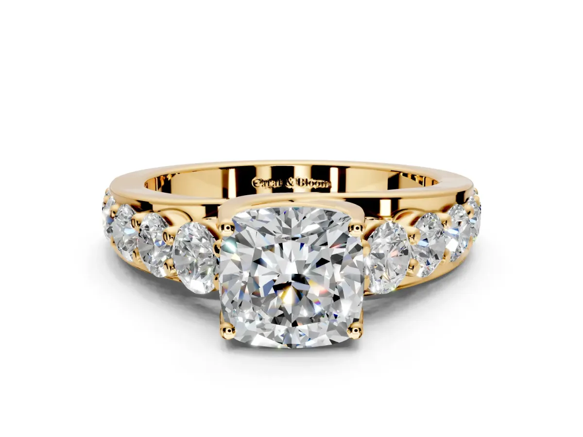 Solitaire Engagement Ring Setting for Cushion Cut Center with Graduated Shared Prongs and Prong Head in Yellow Gold