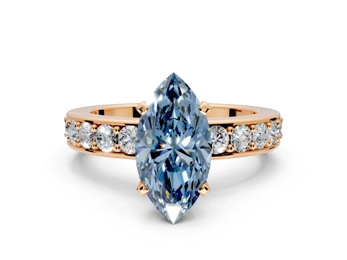 Solitaire Engagement Ring Setting for Fancy Blue Marquise Center with Channel-Set Accents and Prong Head in Rose Gold