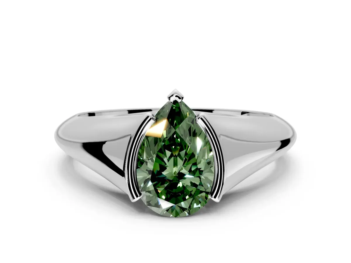Tension Engagement Ring Setting for Fancy Green Pear-Shaped Center with Wide Tapered Band and Tension Head in Sterling Silver