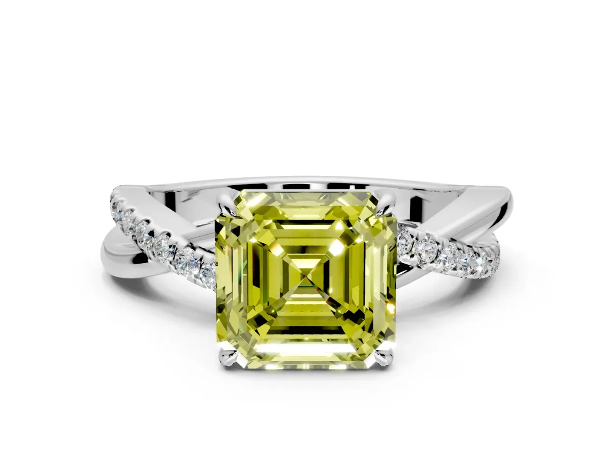 Crossover Engagement Ring Setting for Fancy Yellow Asscher Cut Center with Pave and Plain Strands and Prong Head in Platinum