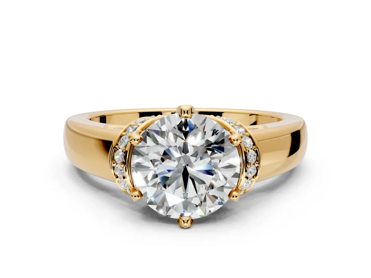 Solitaire Engagement Ring Setting for Round Cut Center with Wide Band, Pave Collar and Prong Head in Yellow Gold