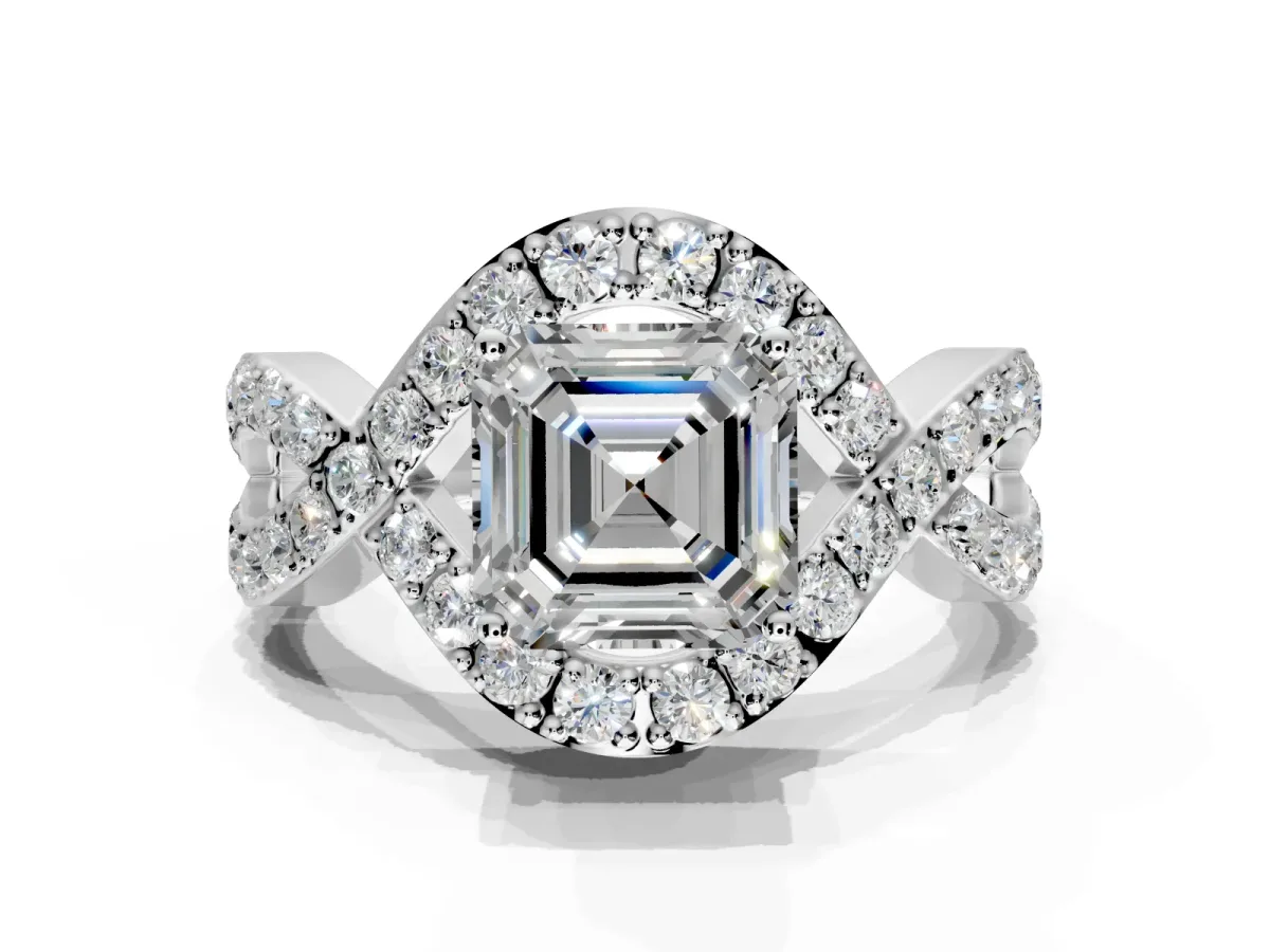 Halo Engagement Ring Setting for Asscher Cut Center with Pave Infinity Twist Band and Prong Head in Sterling Silver