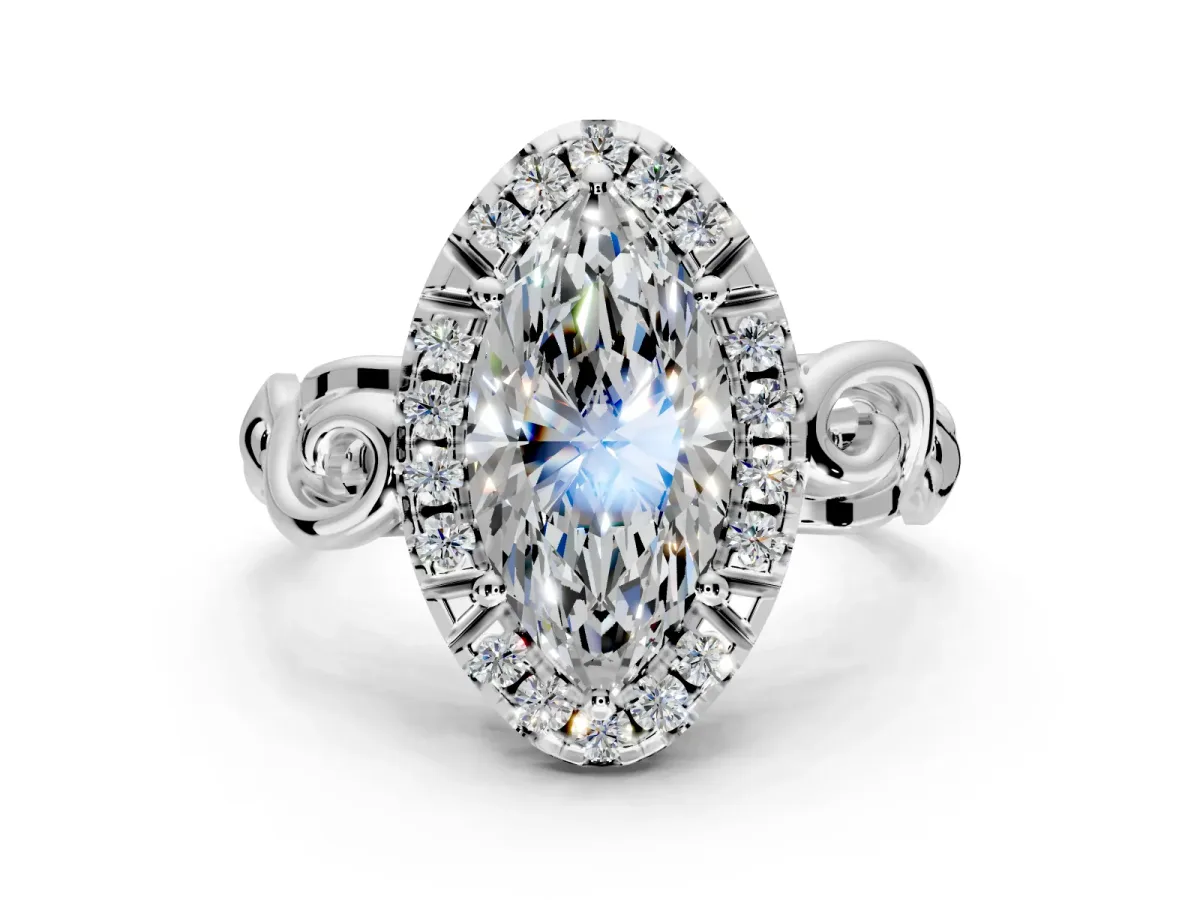 Halo Engagement Ring Setting for Marquise Center with Open Scroll Shoulders and Prong Head in Sterling Silver