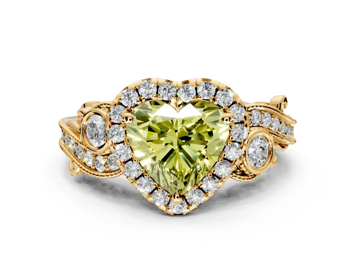 Milgrain Halo Engagement Ring Setting for Fancy Yellow Heart-Shaped Center with Shoulder Bezels and Prong Head in Yellow Gold