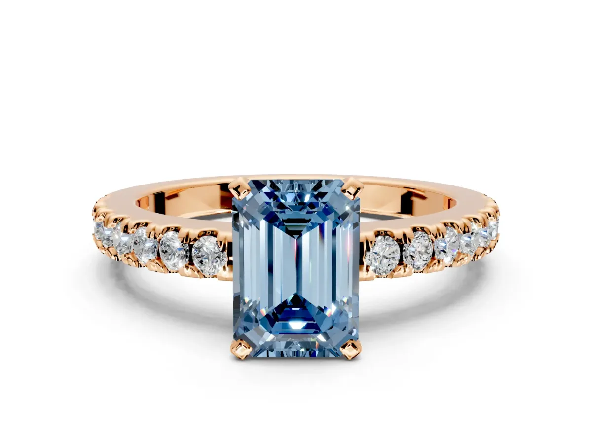 Solitaire Engagement Ring Setting for Fancy Blue Emerald Cut Center with Single Row Accent Band and Prong Head in Rose Gold
