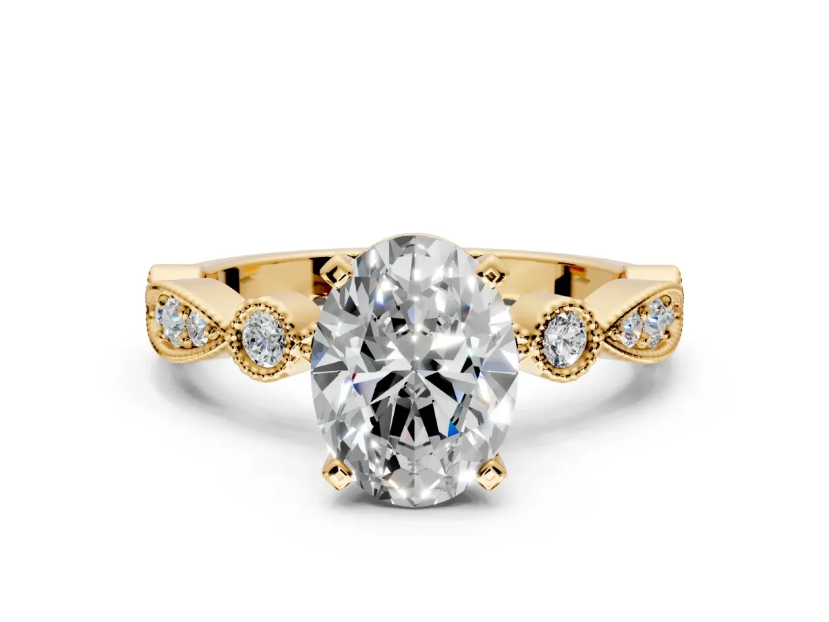 Solitaire Engagement Ring Setting for Oval Center with Milgrain Bezel Accents and Prong Head in Yellow Gold