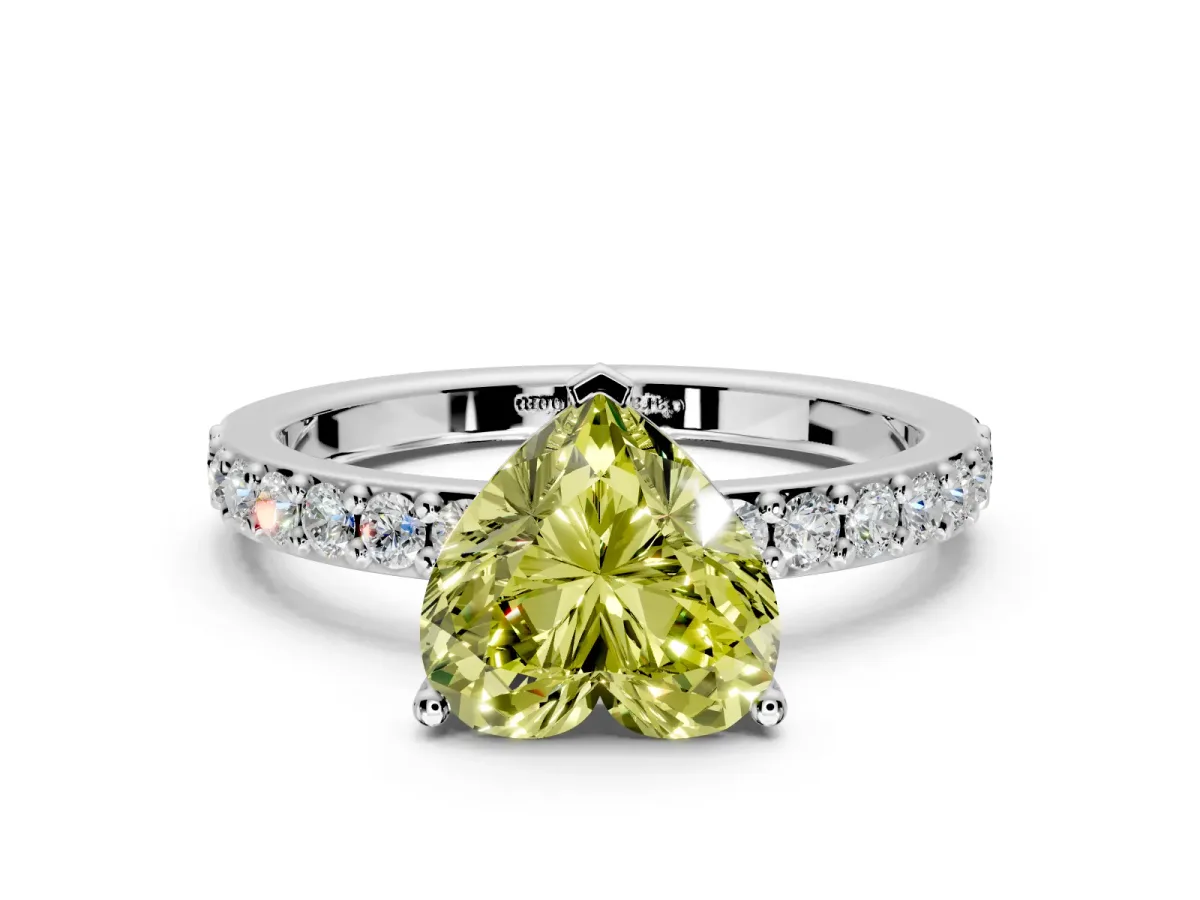 Solitaire Engagement Ring Setting for Fancy Yellow Heart-Shaped Center with Round Cut Pave Band and Prong Head in Platinum