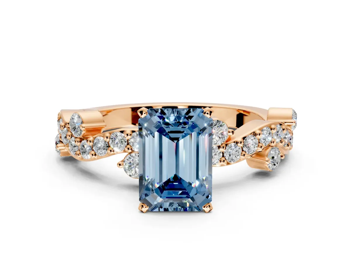 Solitaire Engagement Ring Setting for Fancy Blue Emerald Cut Center with Bar-Station Pave Twist and Prong Head in Rose Gold
