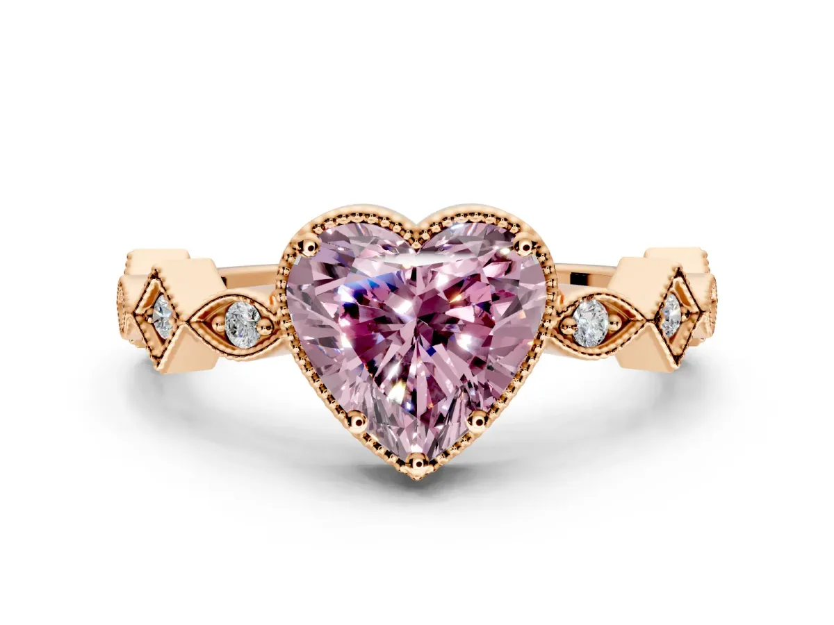 Milgrain Bezel Engagement Ring Setting for Fancy Pink Heart-Shaped Center with Marquise Stations and Bezel Head in Rose Gold