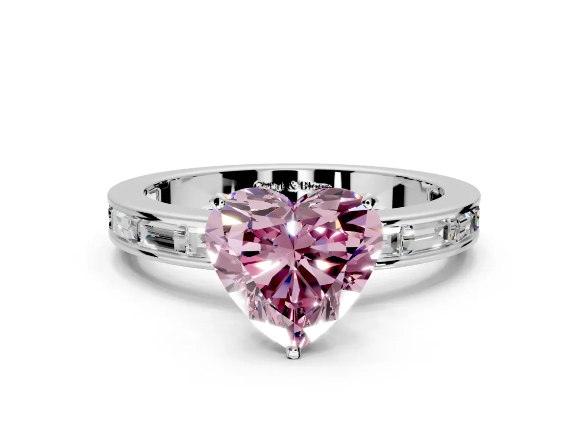 Solitaire Engagement Ring Setting for Fancy Pink Heart-Shaped Center with Channel Baguette Band and Prong Head in Sterling Silver