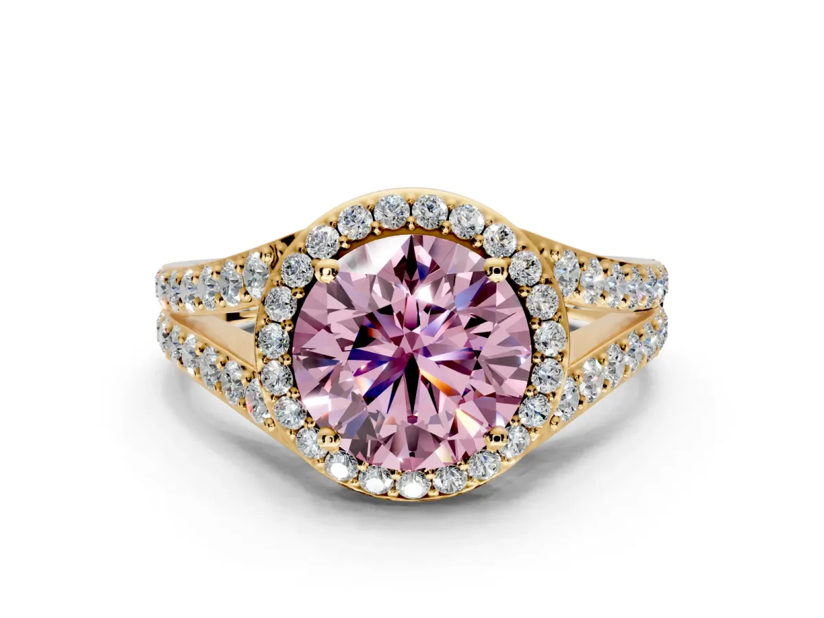 Halo Engagement Ring Setting for Fancy Pink Round Cut Center with Narrow Pave Split Shank and Prong Head in Yellow Gold