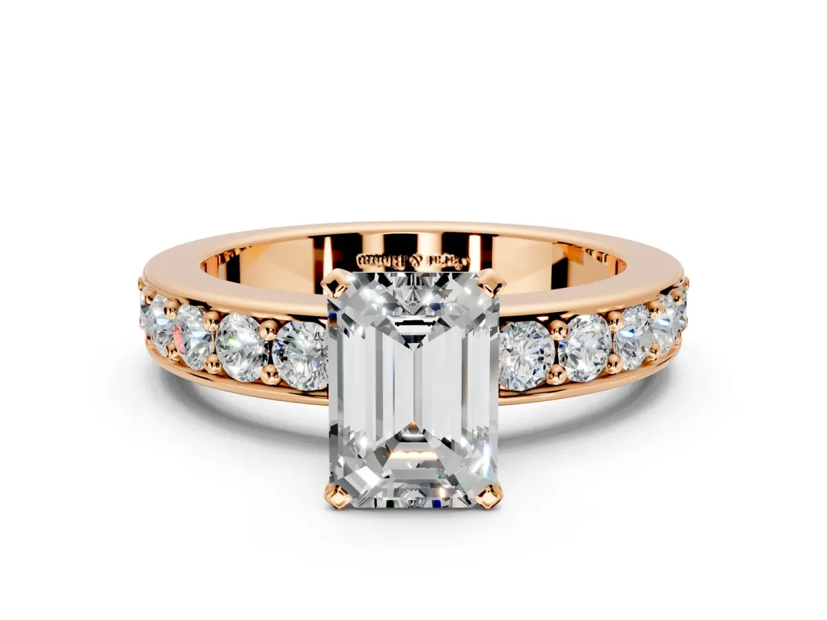 Solitaire Engagement Ring Setting for Emerald Cut Center with Channel-Set Accents and Prong Head in Rose Gold