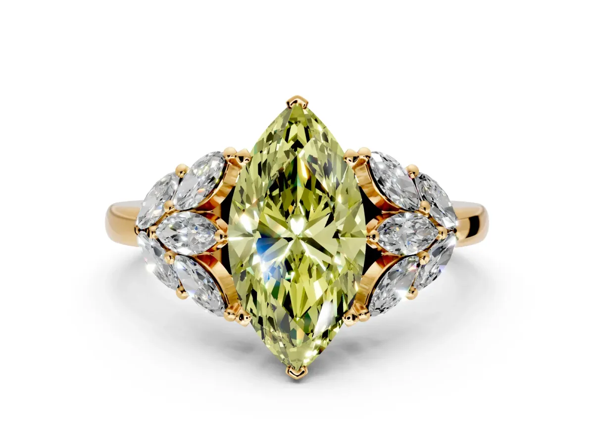 Leaf Cluster Engagement Ring Setting for Fancy Yellow Marquise Center with Marquise Accents and Prong Head in Yellow Gold