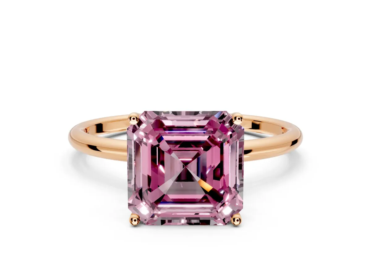 Solitaire Engagement Ring Setting for Fancy Pink Asscher Cut Center with Straight Thin Band and Prong Head in Rose Gold