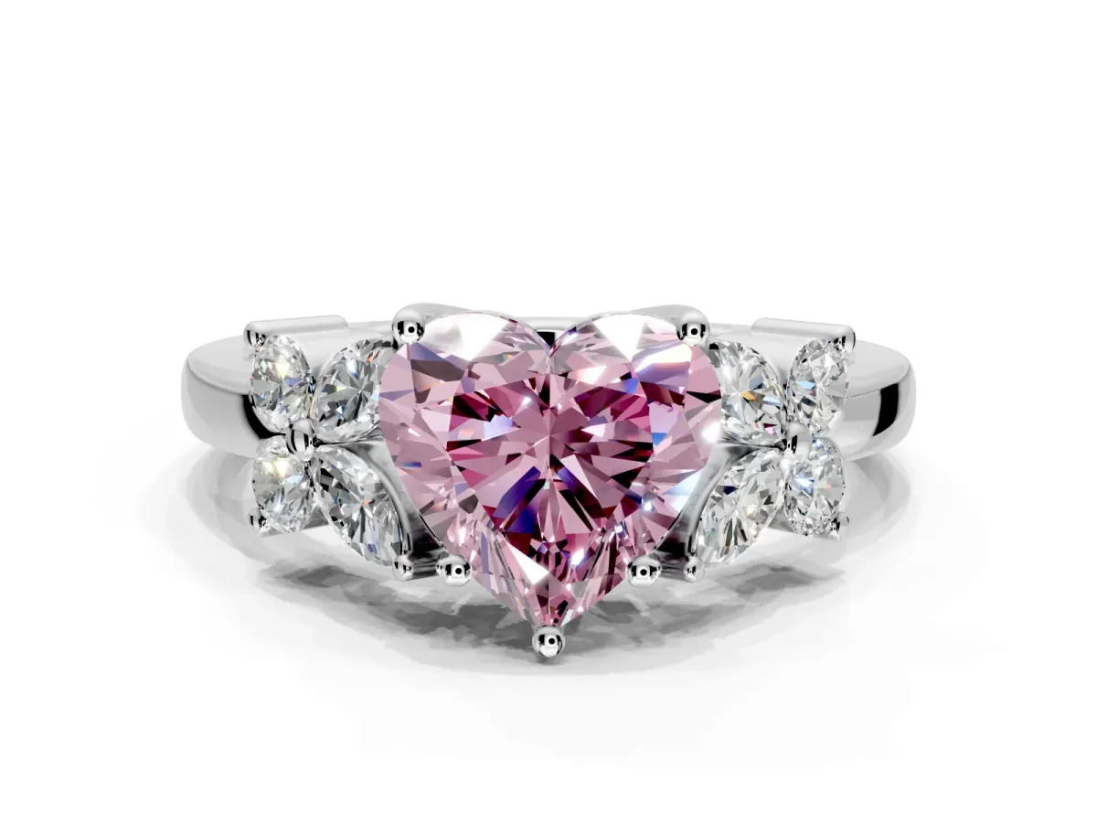 Floral Engagement Ring Setting for Fancy Pink Heart-Shaped Center with Marquise Cluster Shoulders and Prong Head in Platinum