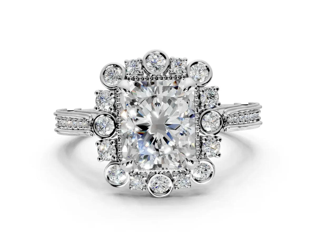 Milgrain Halo Engagement Ring Setting for Radiant Cut Center with Bezel Point Accents and Prong Head in Sterling Silver