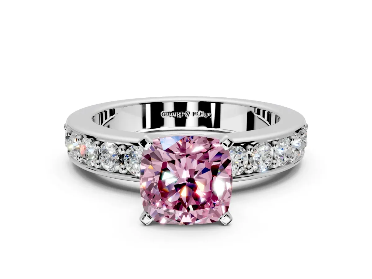 Solitaire Engagement Ring Setting for Fancy Pink Cushion Cut Center with Channel-Set Accents and Prong Head in Platinum