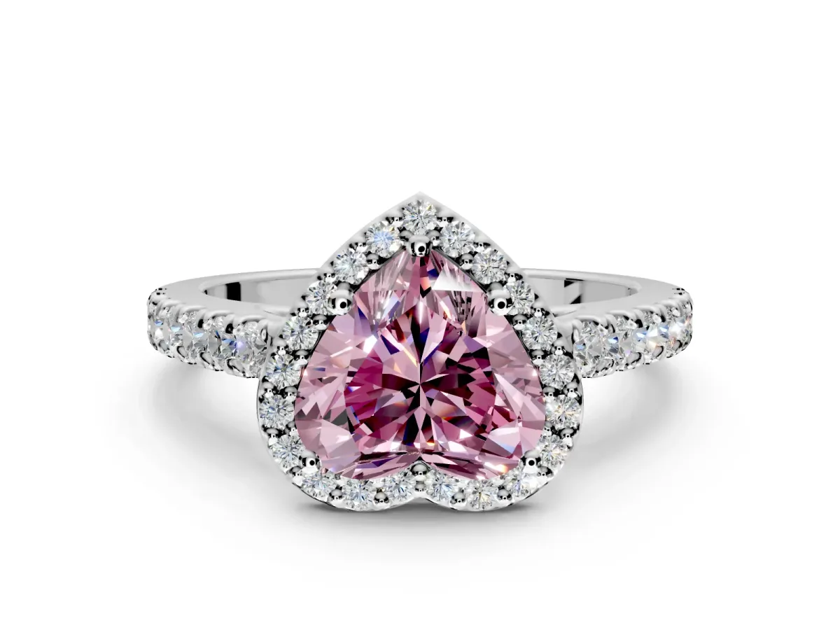 Halo Engagement Ring Setting for Fancy Pink Heart-Shaped Center with Full Pave Band and Prong Head in White Gold