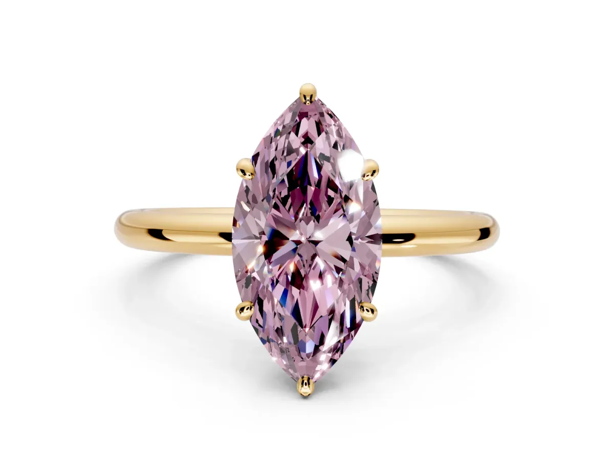 Low-Set Solitaire Engagement Ring Setting for Fancy Pink Oval Center with Thin Plain Band and Prong Head in Yellow Gold