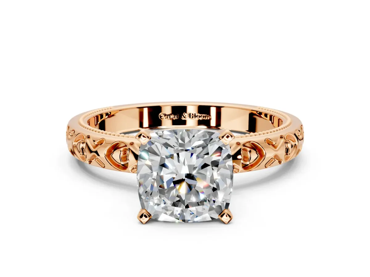 Solitaire Engagement Ring Setting for Cushion Cut Center with XO Engraved Band and Prong Head in Rose Gold
