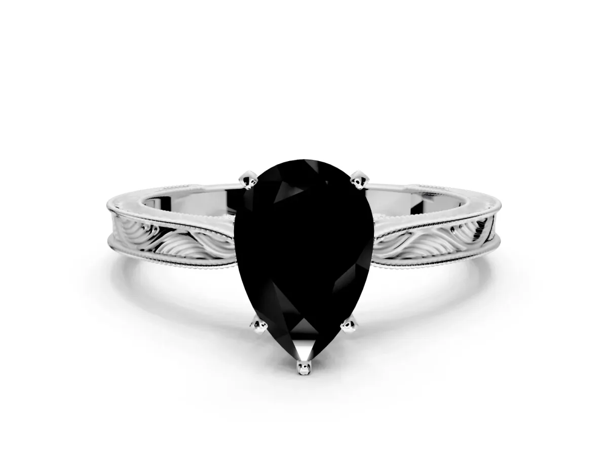 Solitaire Engagement Ring Setting for Fancy Black Pear-Shaped Center with Engraved Milgrain Band and Prong Head in Platinum