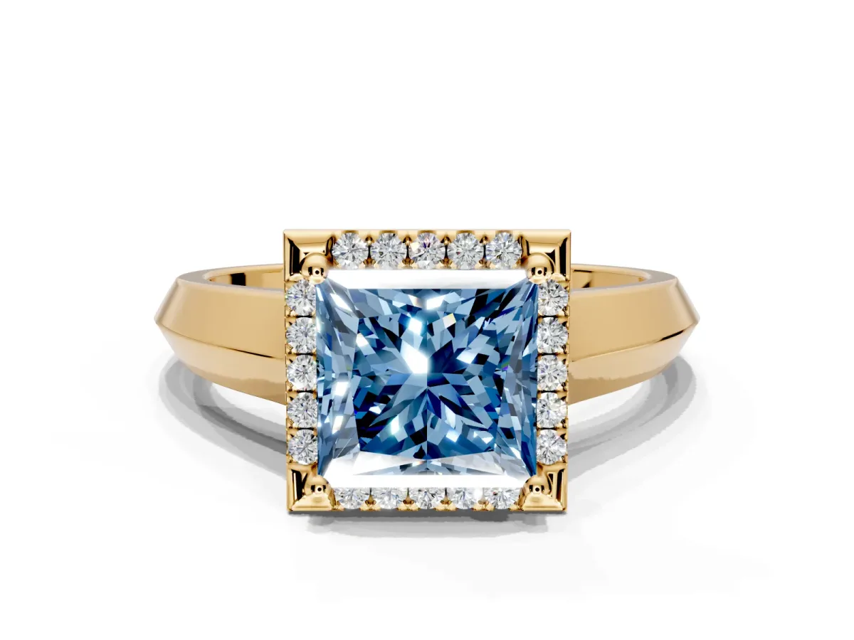 Halo Engagement Ring Setting for Fancy Blue Princess Cut Center with Knife Ridge Cathedral Band and Prong Head in Yellow Gold