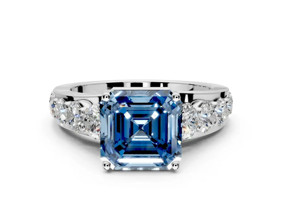 Solitaire Engagement Ring Setting for Fancy Blue Asscher Cut Center with Graduated Shared Prongs and Prong Head in Platinum