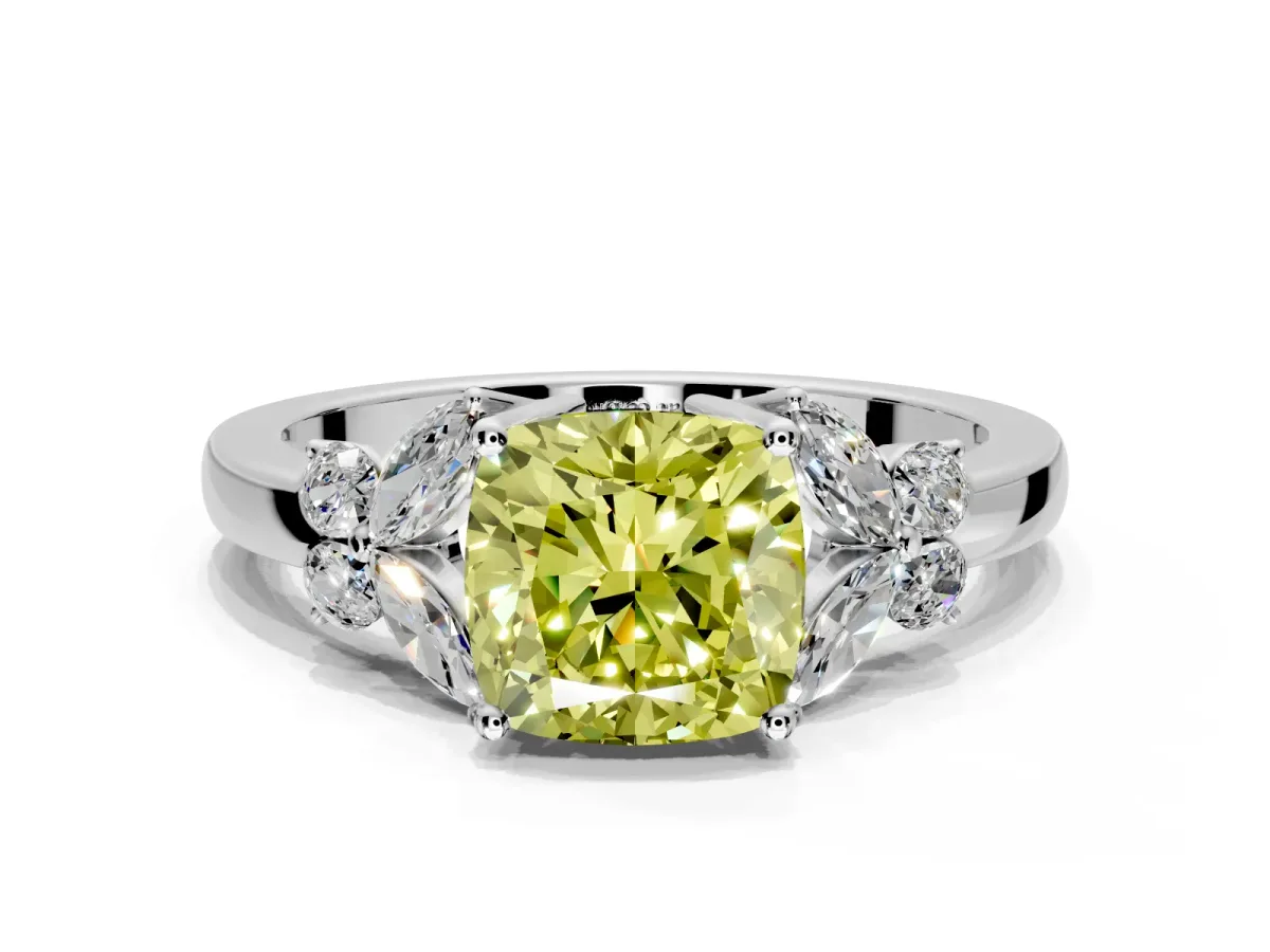 Solitaire Engagement Ring Setting for Fancy Yellow Cushion Cut Center with Marquise Flower Shoulders and Prong Head in Platinum