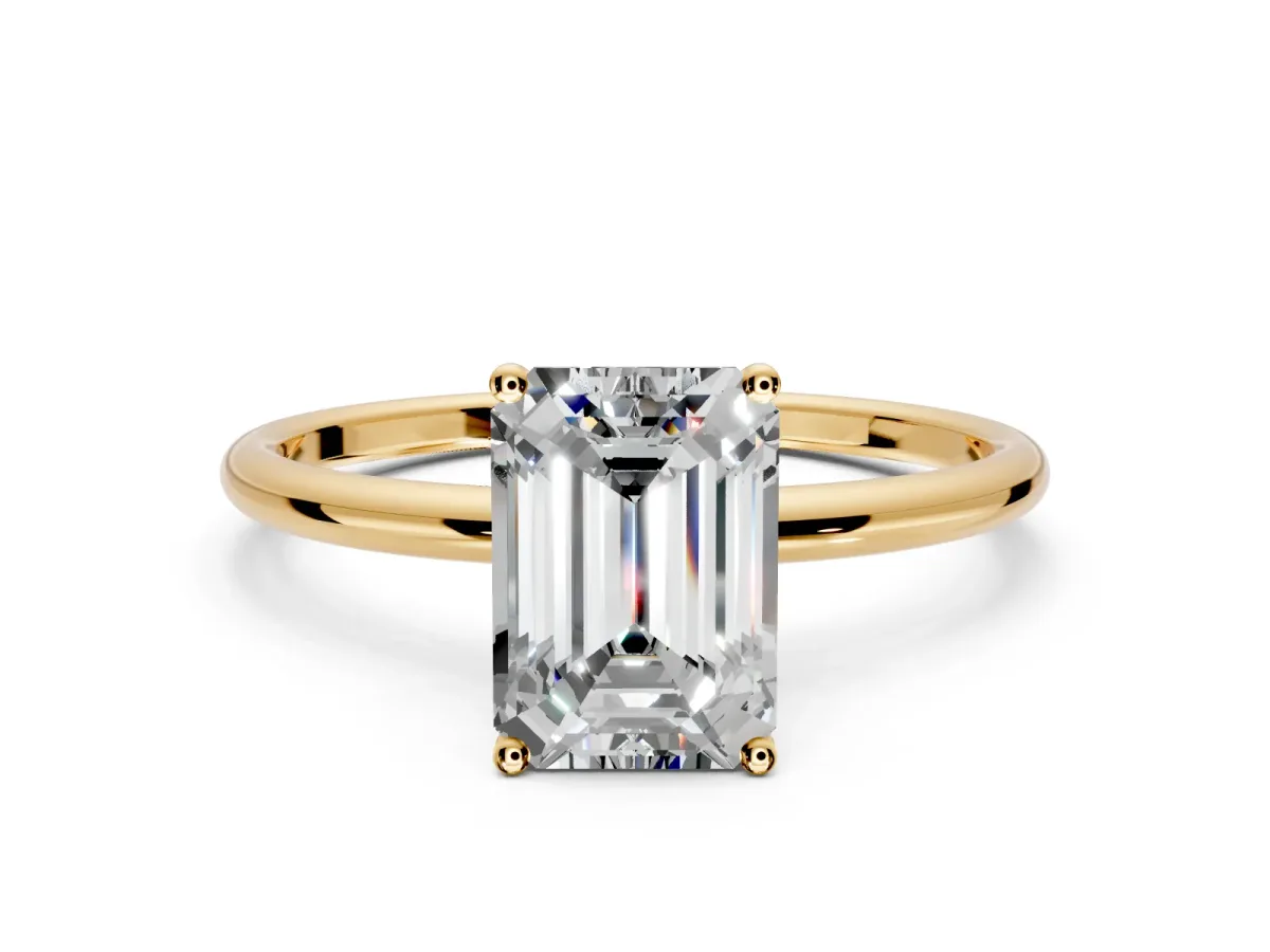 Solitaire Engagement Ring Setting for Emerald Cut Center with Straight Thin Band and Prong Head in Yellow Gold