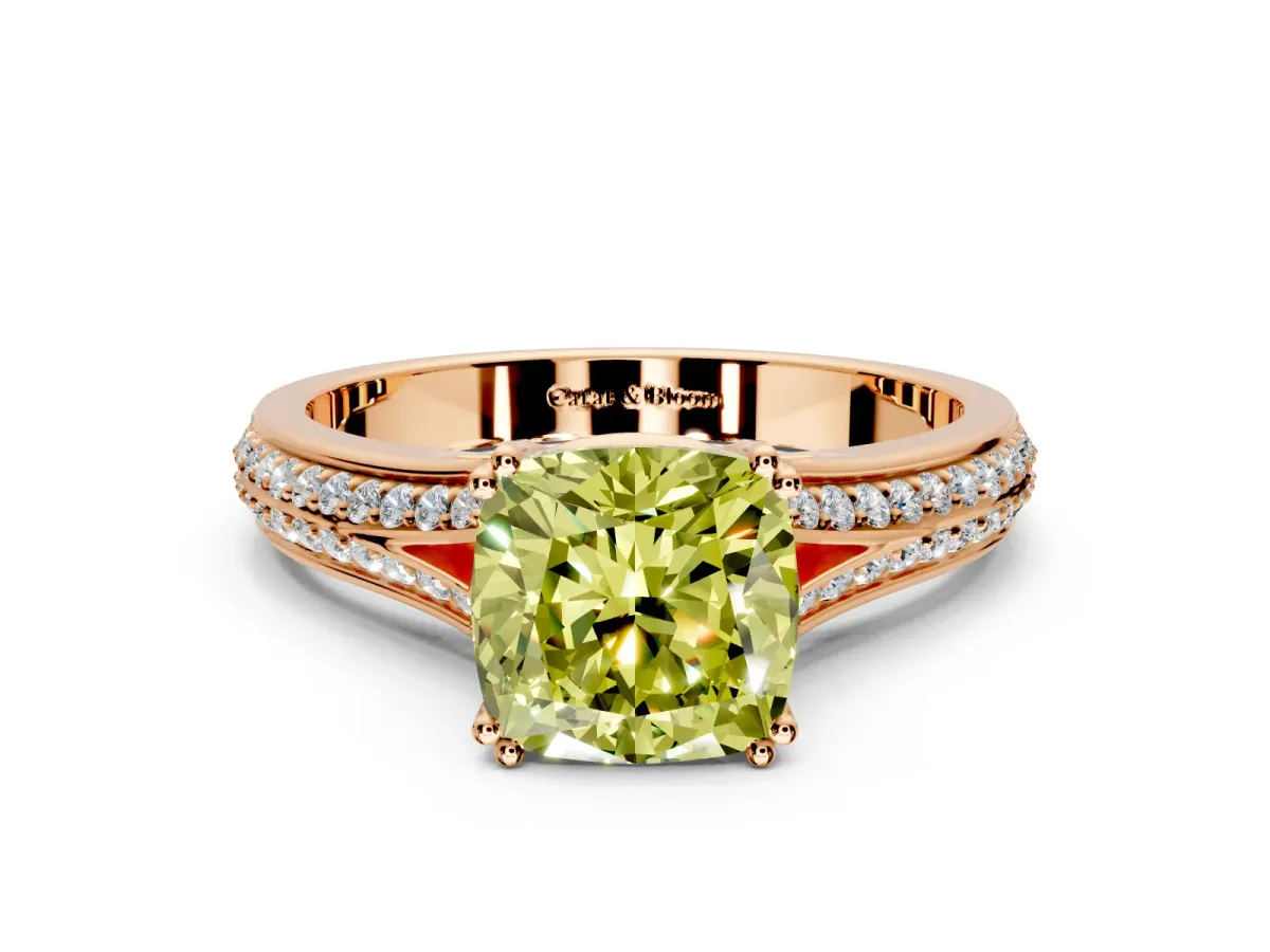 Solitaire Engagement Ring Setting for Fancy Yellow Cushion Cut Center with Pave Rail Split Shank and Prong Head in Rose Gold
