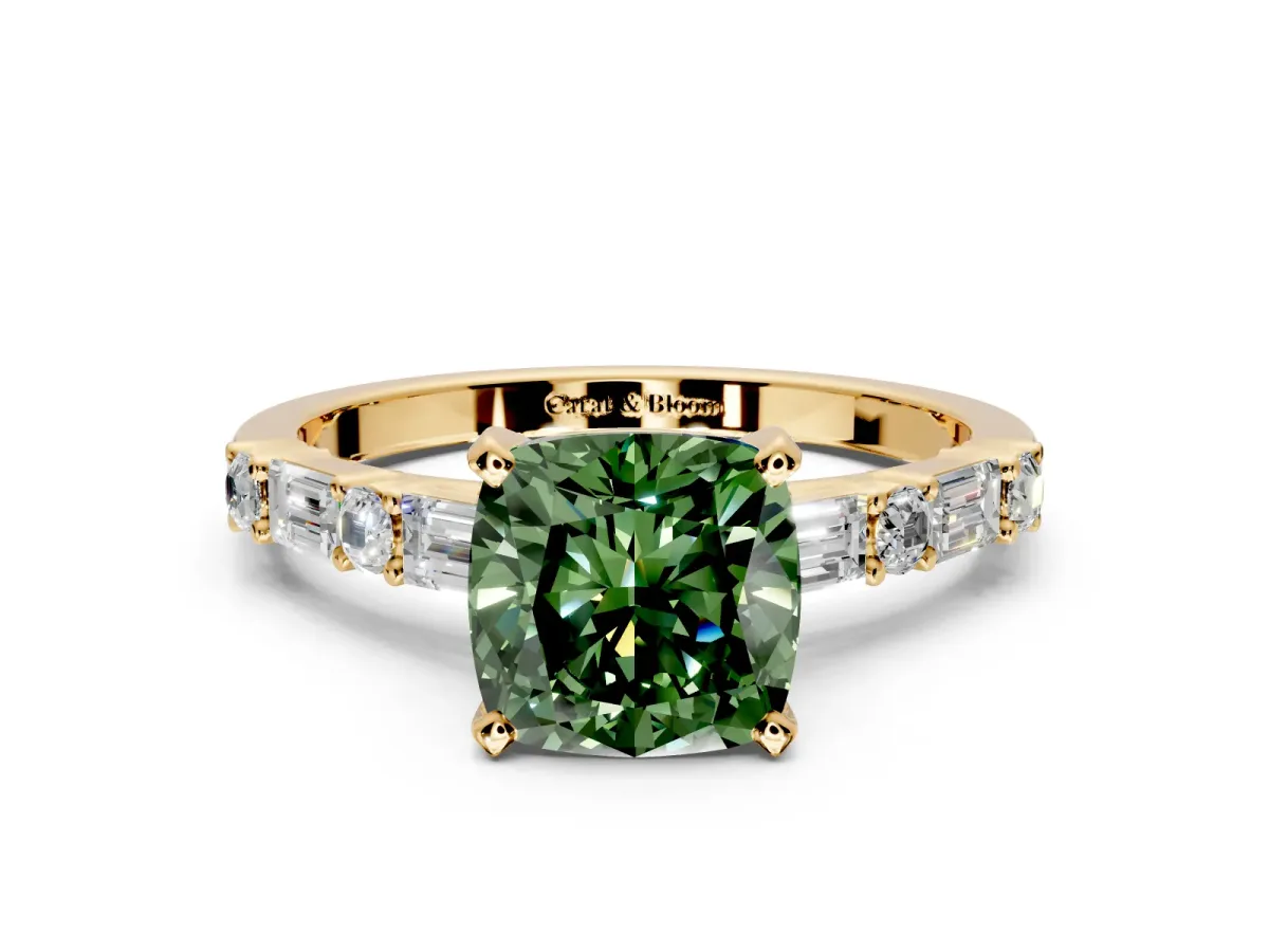 Baguette Engagement Ring Setting for Fancy Green Cushion Cut Center with Alternating Bar-Set Band and Prong Head in Yellow Gold