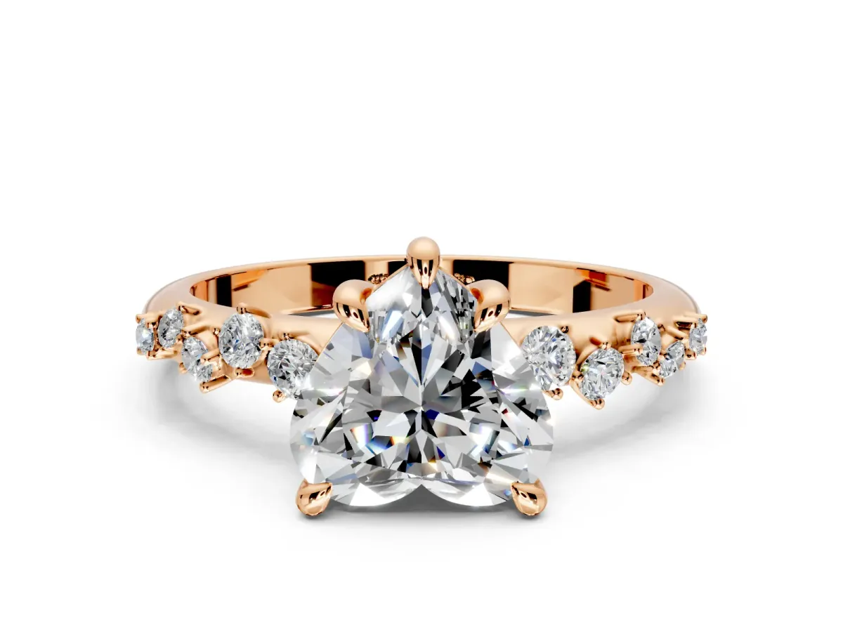 Solitaire Engagement Ring Setting for Heart-Shaped Center with Trailing Leaf Accent Band and Prong Head in Rose Gold
