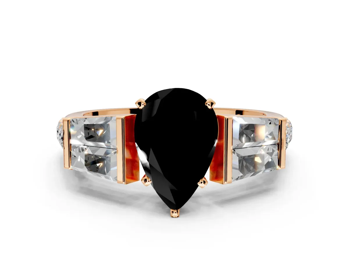 Channel-Set Engagement Ring Setting for Fancy Black Pear-Shaped Center with Baguette Band and Prong Head in Rose Gold