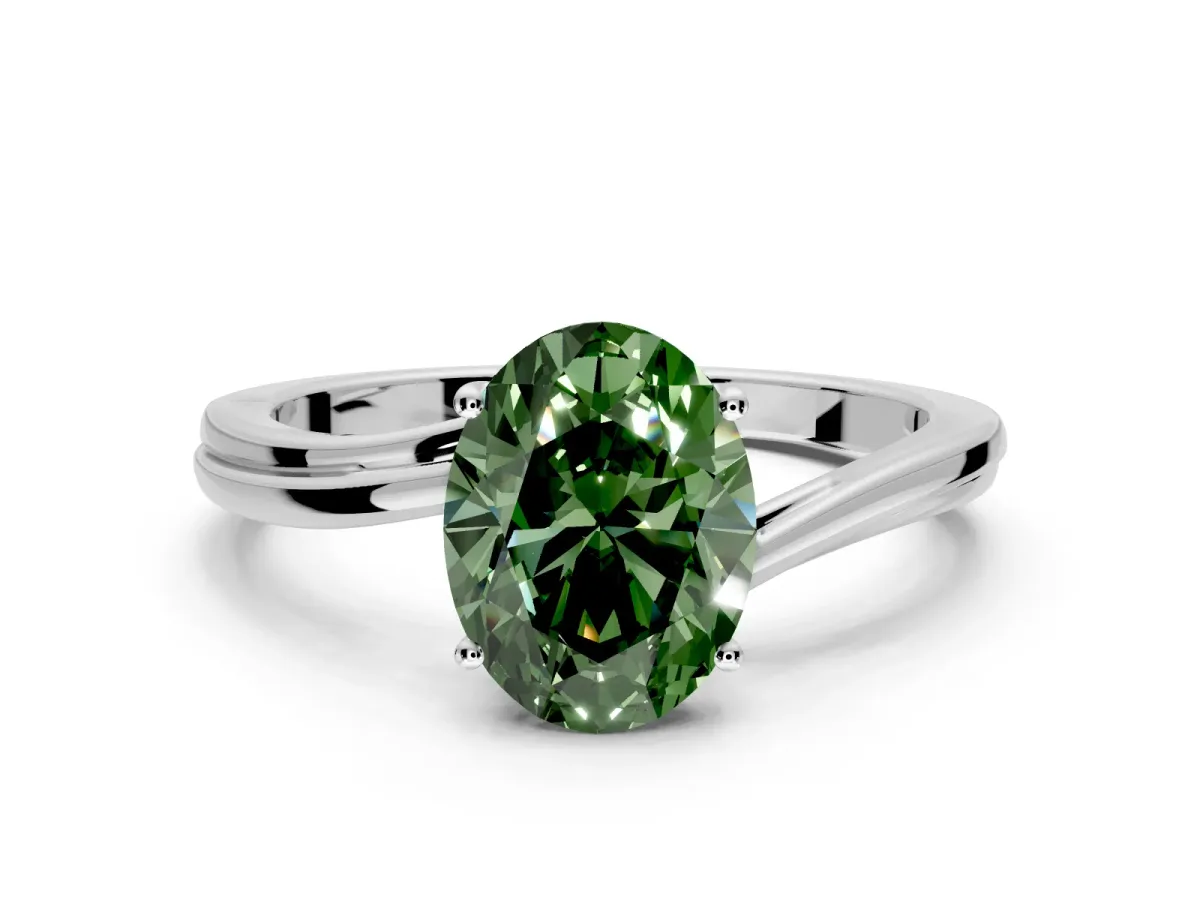 Solitaire Engagement Ring Setting for Fancy Green Oval Center with Plain Bypass Twist Band and Prong Head in White Gold