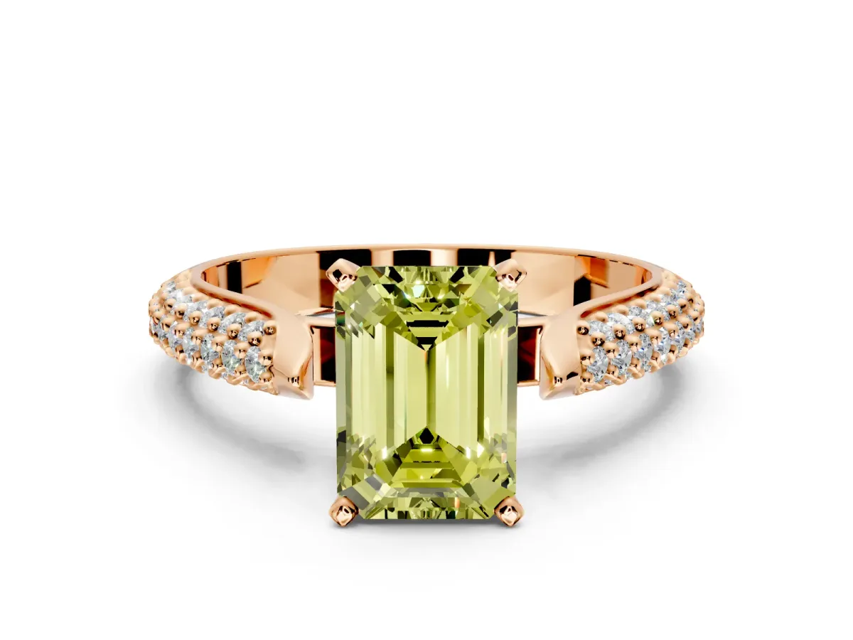 Solitaire Engagement Ring Setting for Fancy Yellow Emerald Cut Center with Multi-Row Accents and Prong Head in Rose Gold