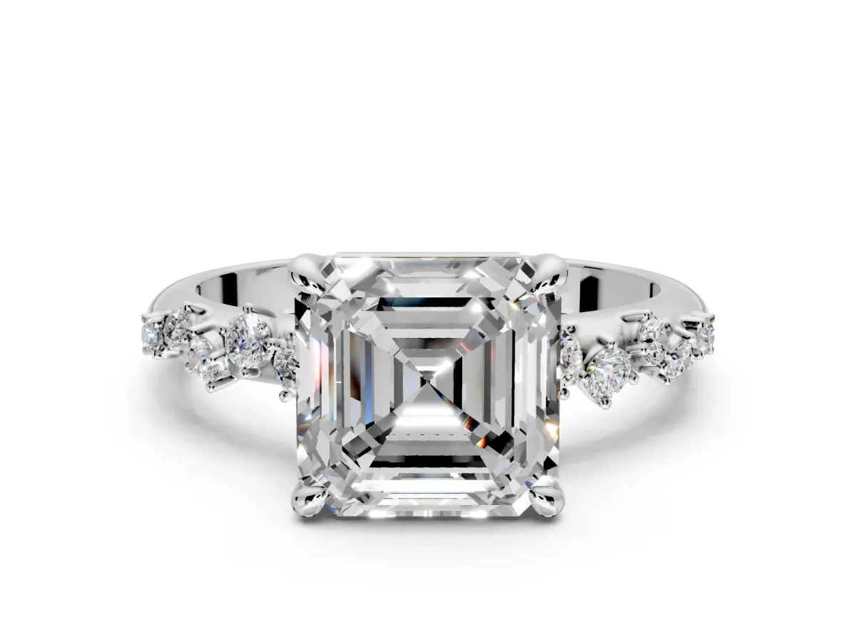 Solitaire Engagement Ring Setting for Asscher Cut Center with Trailing Leaf Accent Band and Prong Head in Sterling Silver