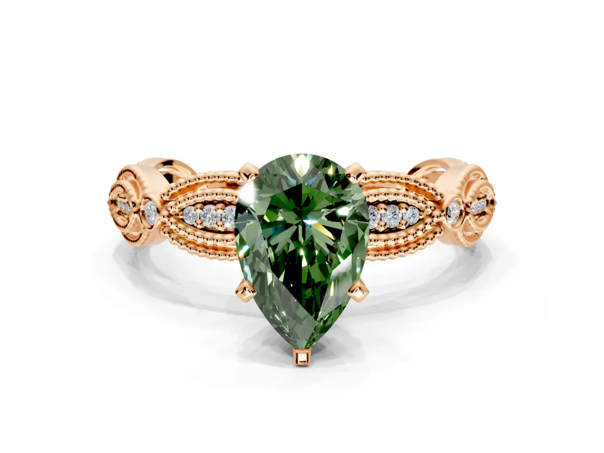 Solitaire Engagement Ring Setting for Fancy Green Pear-Shaped Center with Marquise Panel Band and Prong Head in Rose Gold