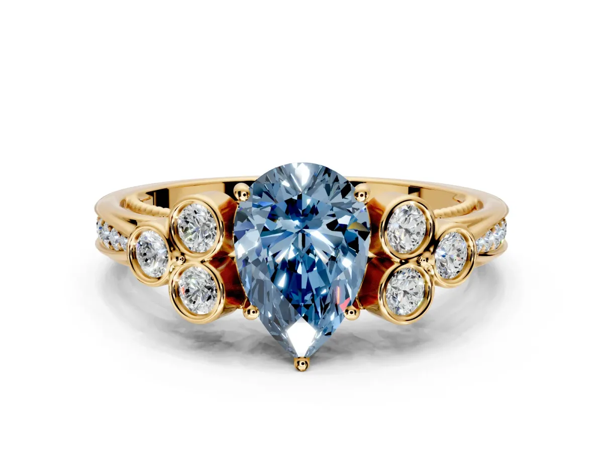 Cluster Engagement Ring Setting for Fancy Blue Pear-Shaped Center with Bezel Accent Clusters and Prong Head in Yellow Gold