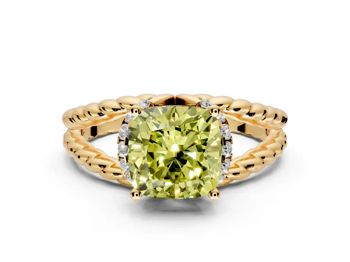 Halo Engagement Ring Setting for Fancy Yellow Cushion Cut Center with Rope Twist Split Shank and Prong Head in Yellow Gold